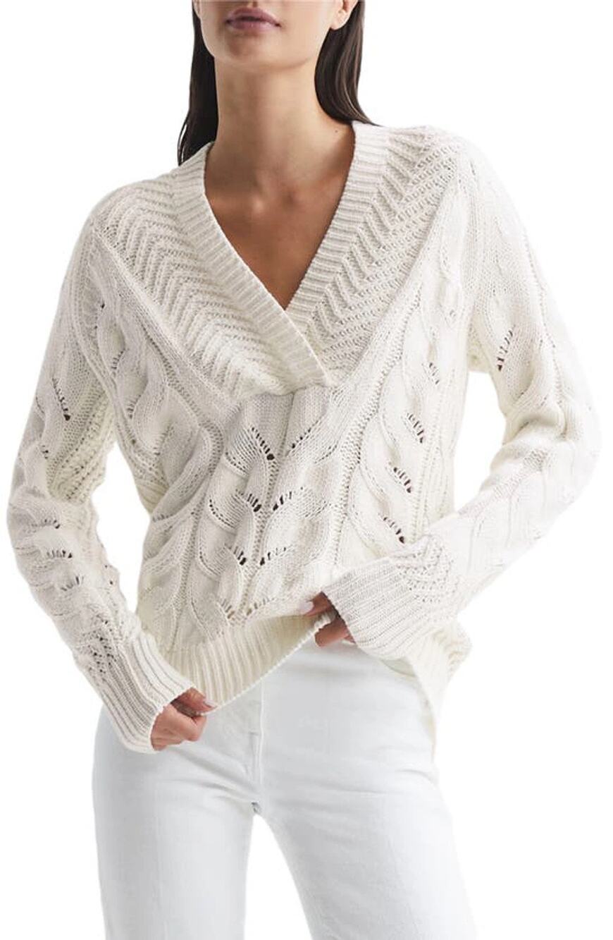REISS Claudine Ivory Cable Knit Deep V Neck Sweater Jumper XL